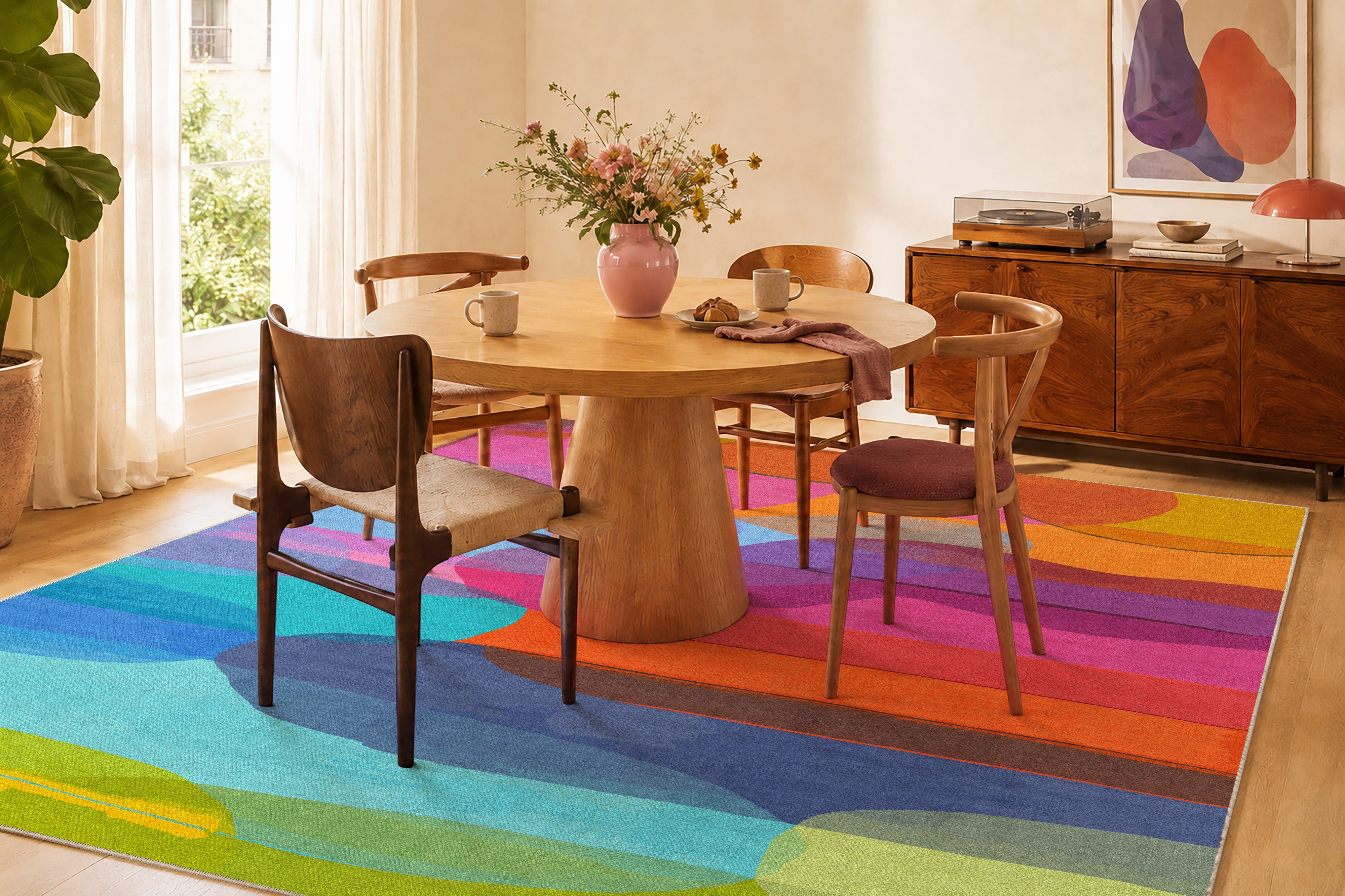 Honey I'm Home rug by Claire Desjardins, styled in a room.