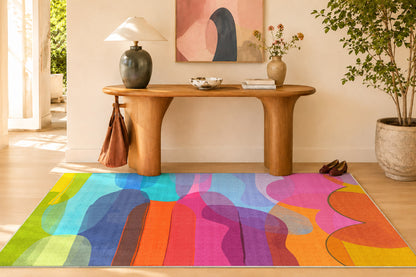 Honey I'm Home rug by Claire Desjardins, styled in a room.