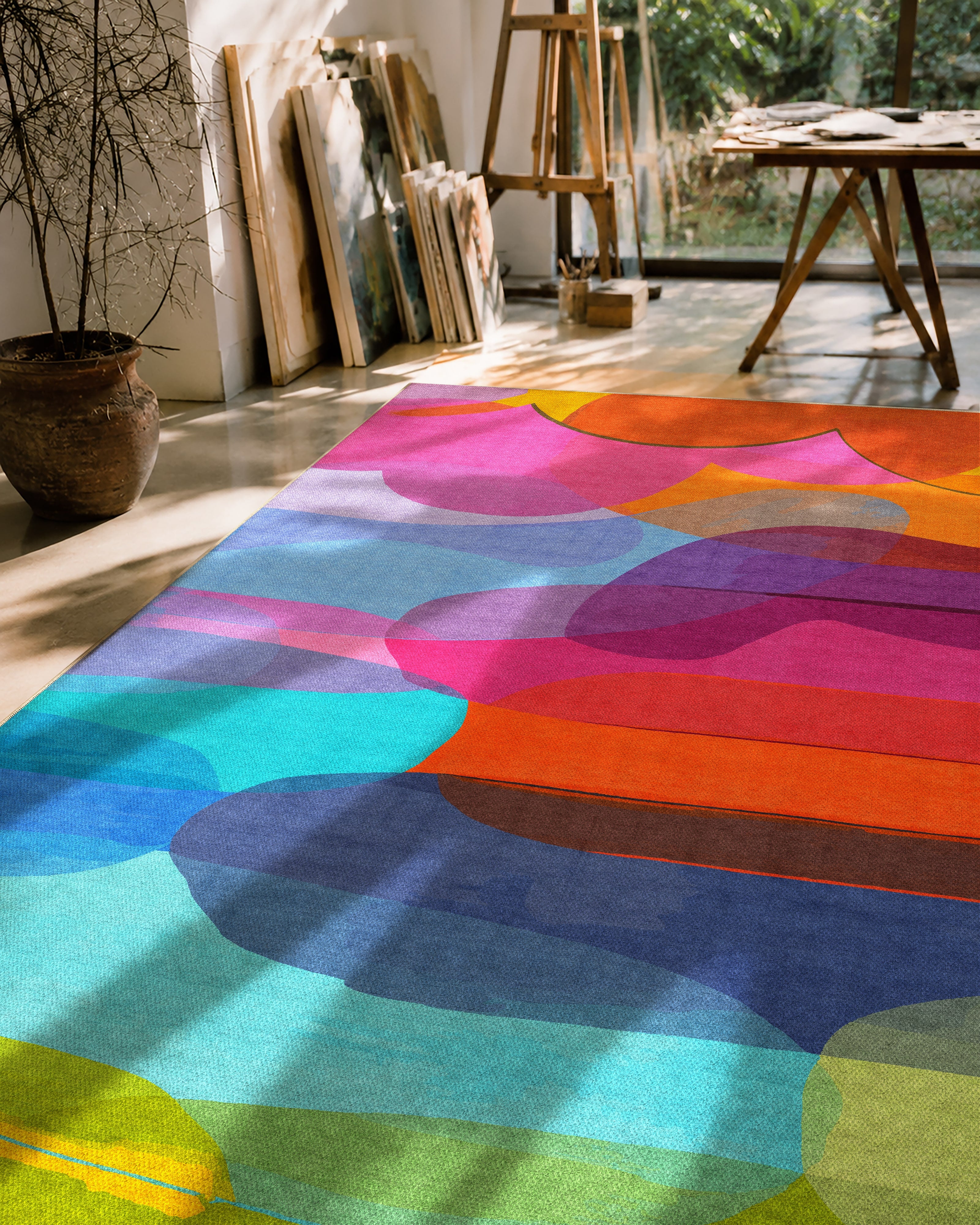 Honey I'm Home rug by Claire Desjardins, styled in a room.
