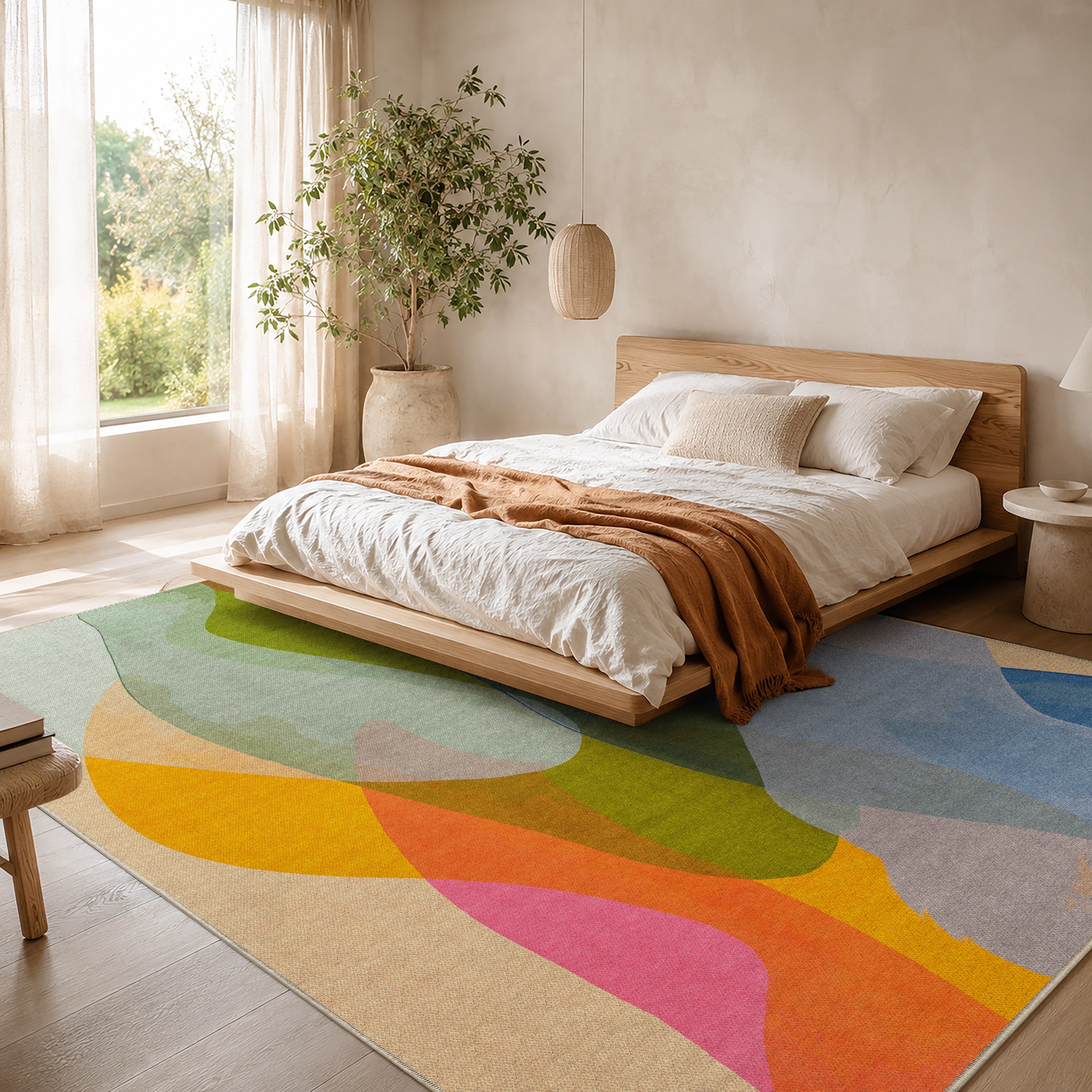 Late September rug by Claire Desjardins, styled in a room.