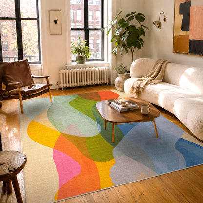 Late September rug by Claire Desjardins, styled in a room.