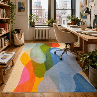 Late September rug by Claire Desjardins, styled in a room.