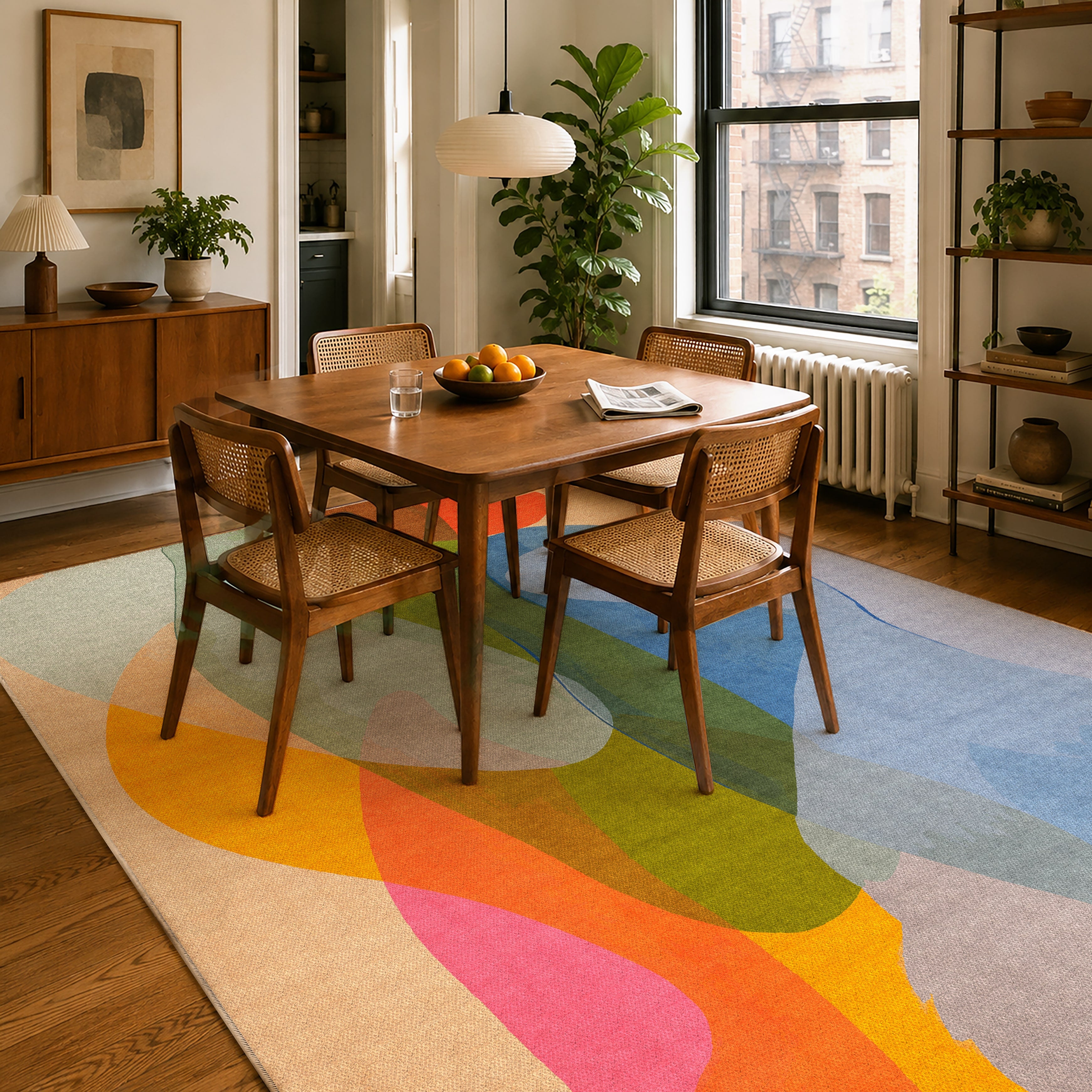 Late September rug by Claire Desjardins, styled in a room.