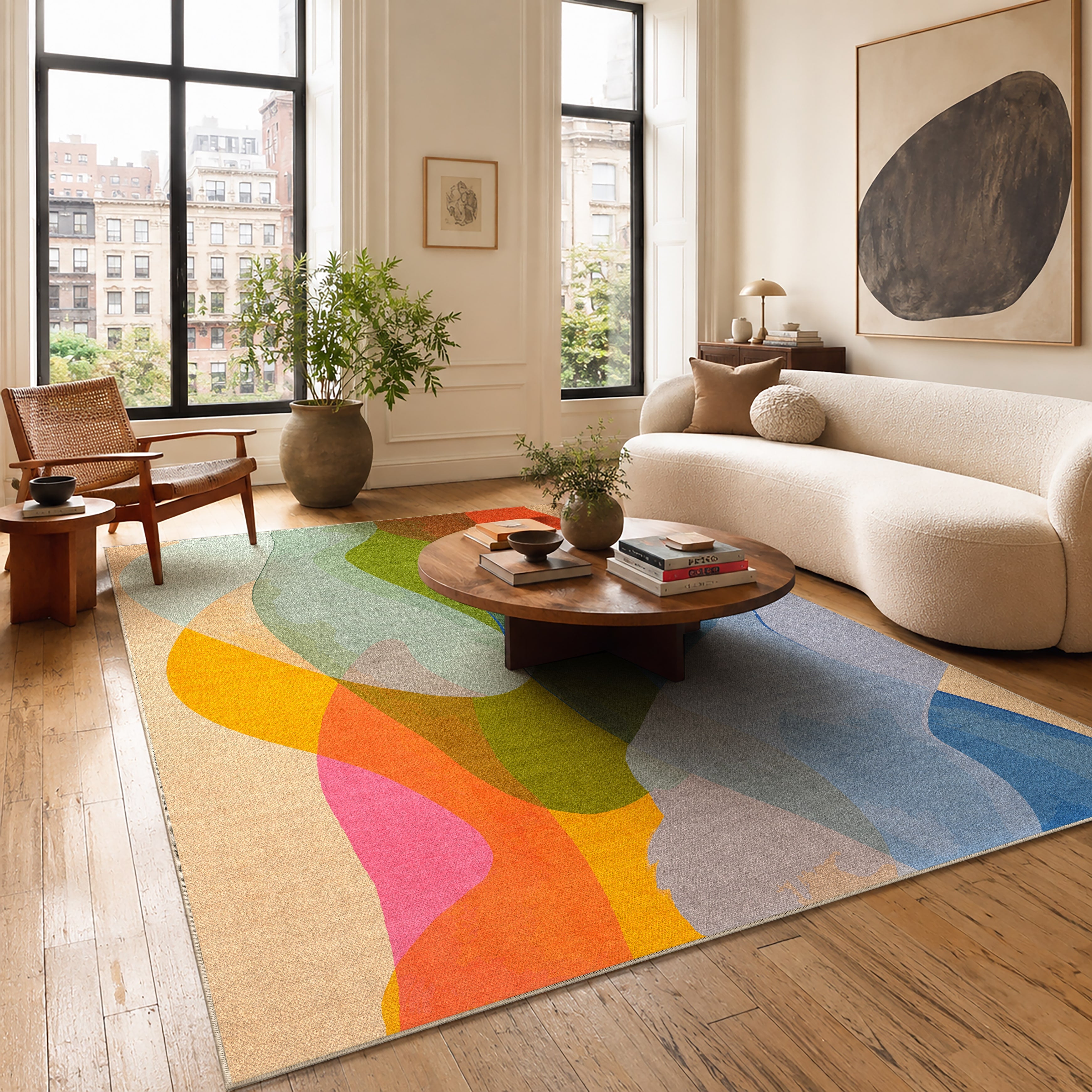 Late September rug by Claire Desjardins, styled in a room.