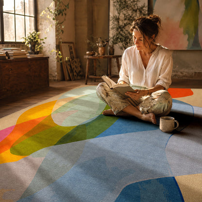 Late September rug by Claire Desjardins, styled in a room.