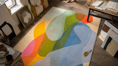 Late September rug by Claire Desjardins, styled in a room.