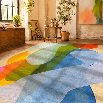 Late September rug by Claire Desjardins, styled in a room.