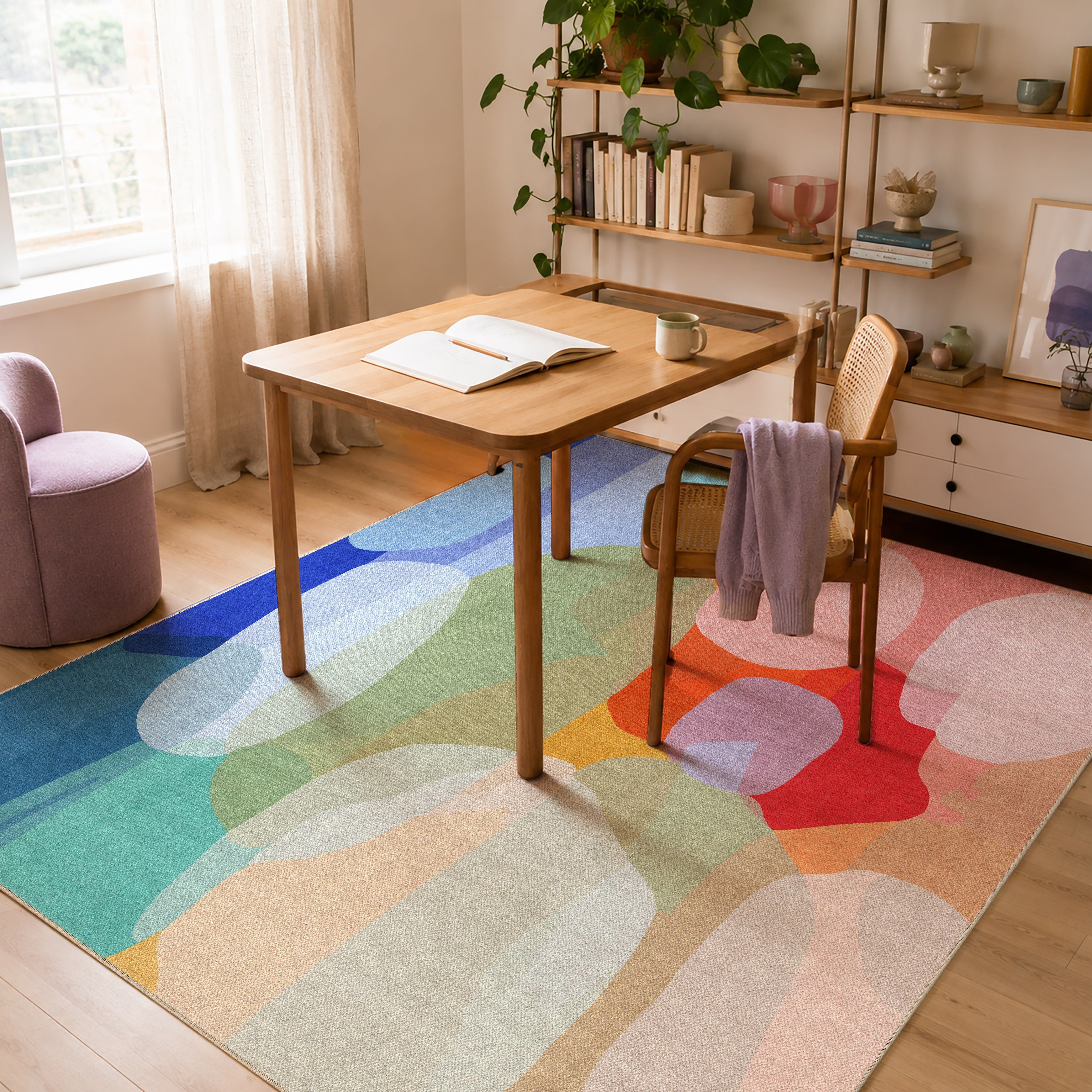 Make Me Laugh rug by Claire Desjardins, styled in a room.