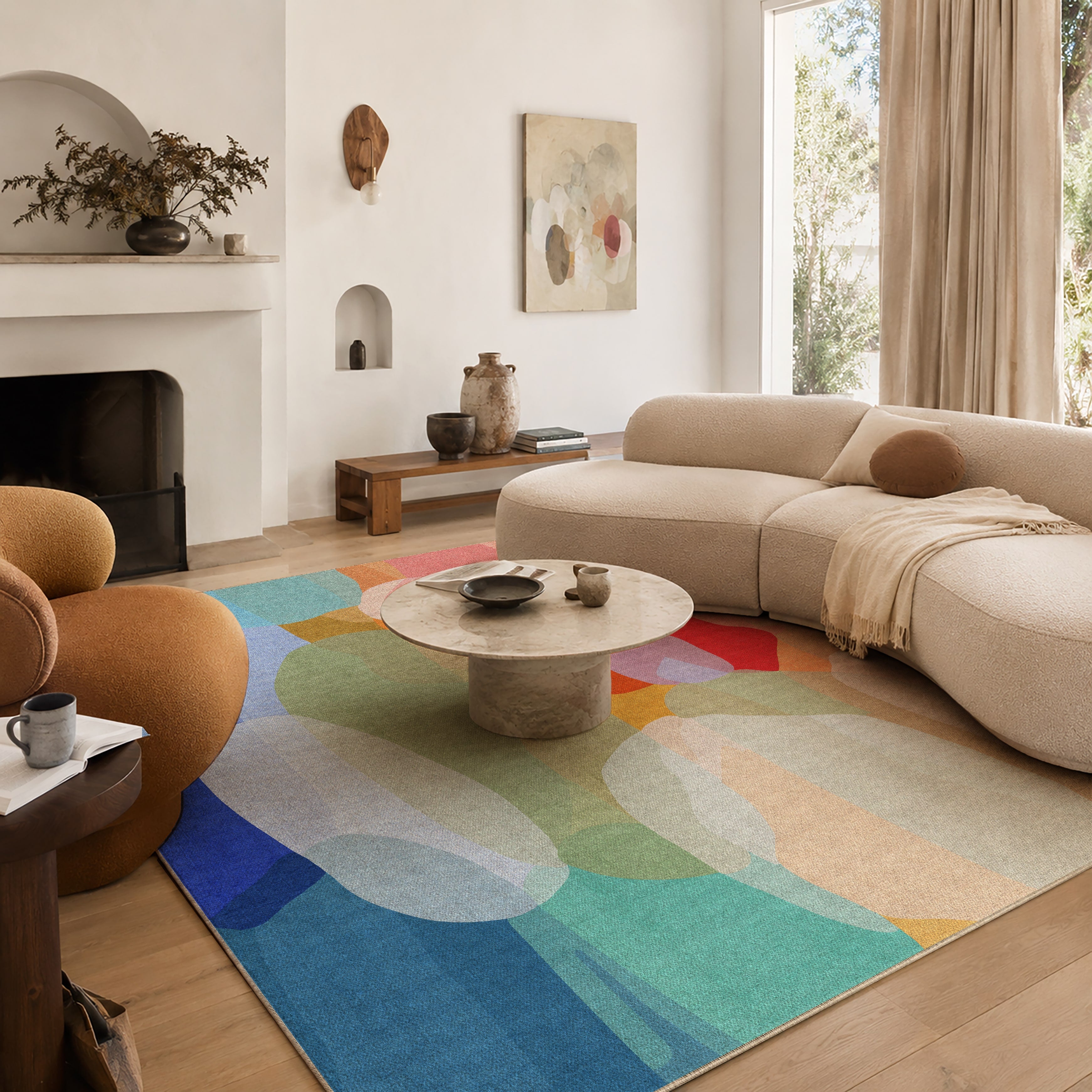 Make Me Laugh rug by Claire Desjardins, styled in a room.