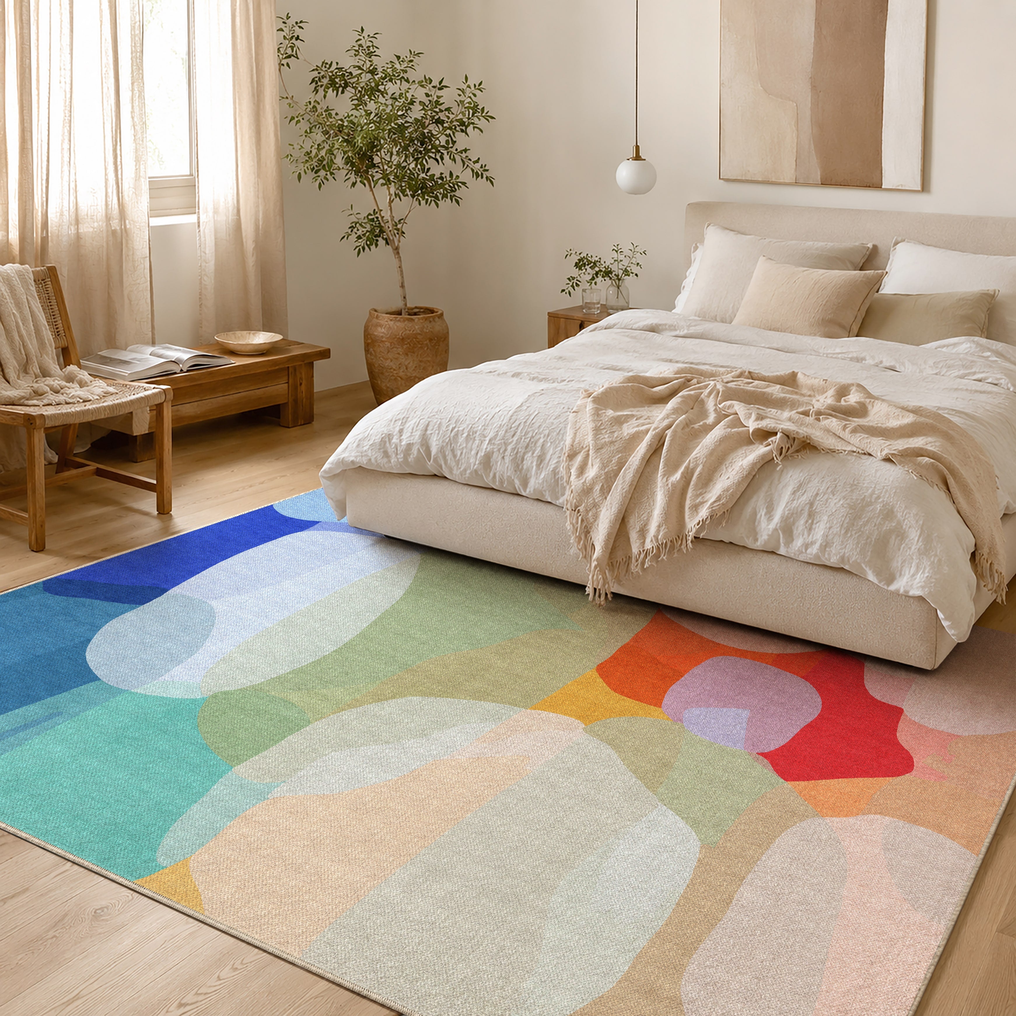Make Me Laugh rug by Claire Desjardins, styled in a room.
