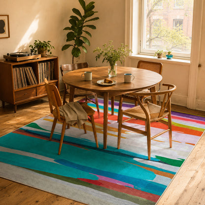 On Holiday rug by Claire Desjardins, styled in a room.