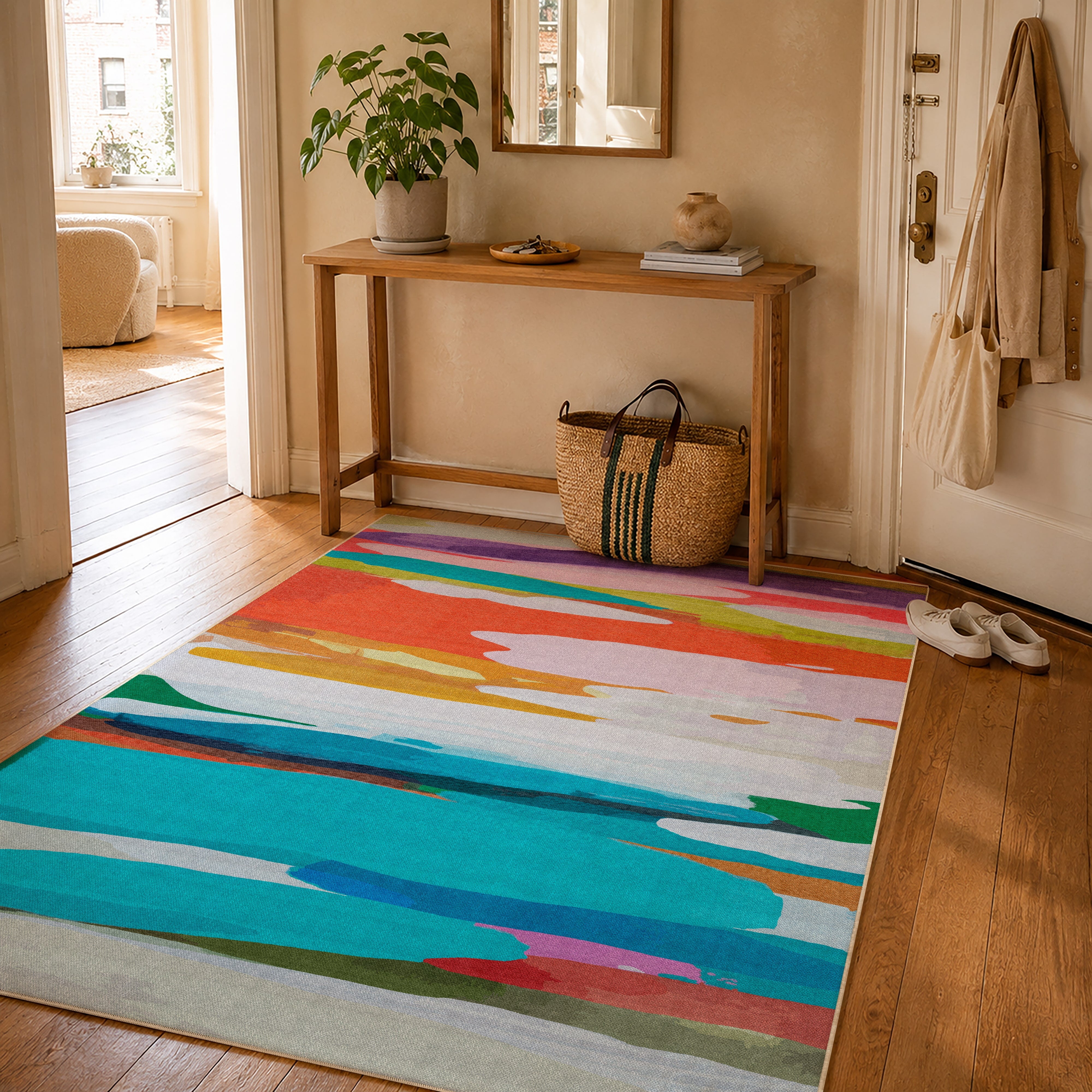 On Holiday rug by Claire Desjardins, styled in a room.