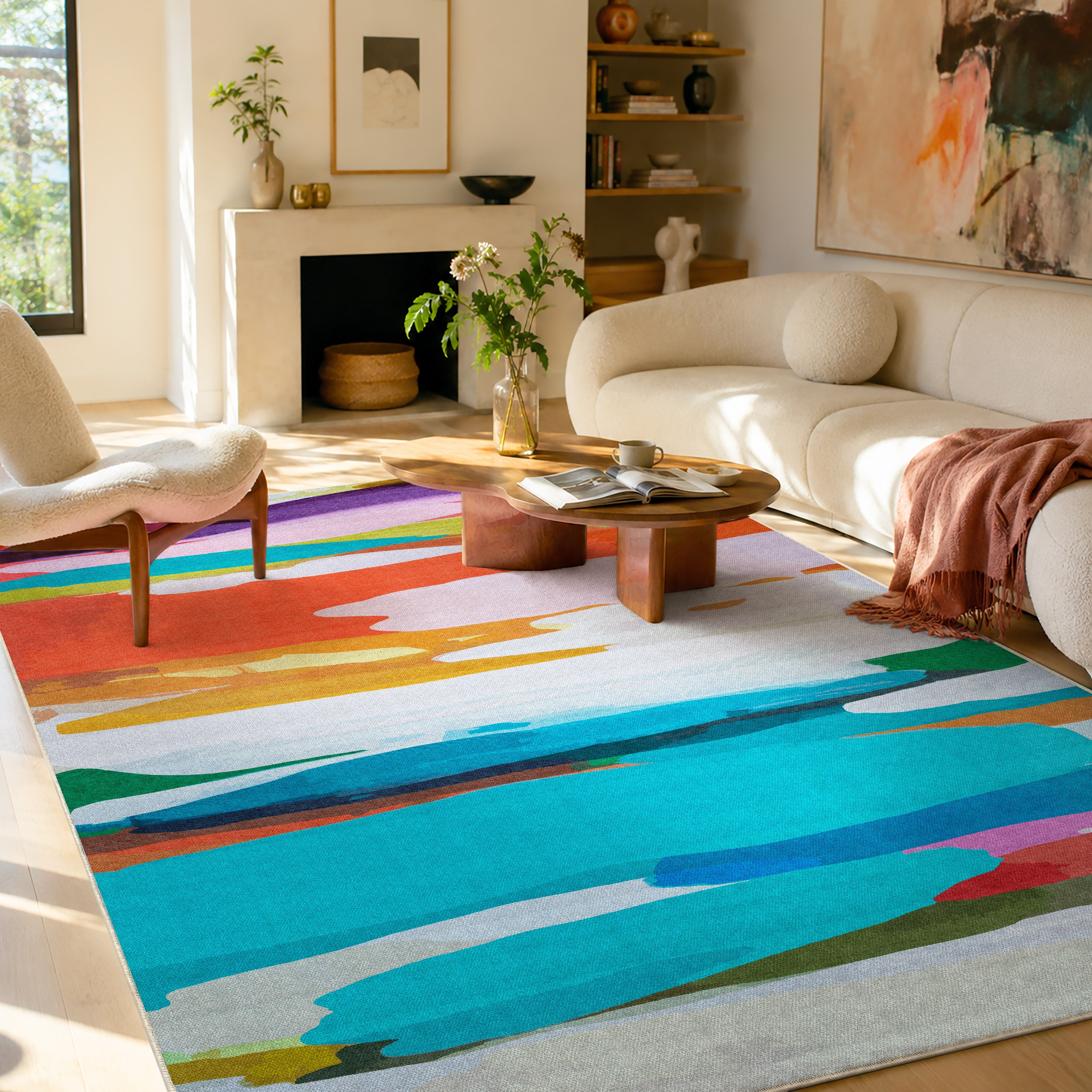 On Holiday rug by Claire Desjardins, styled in a room.