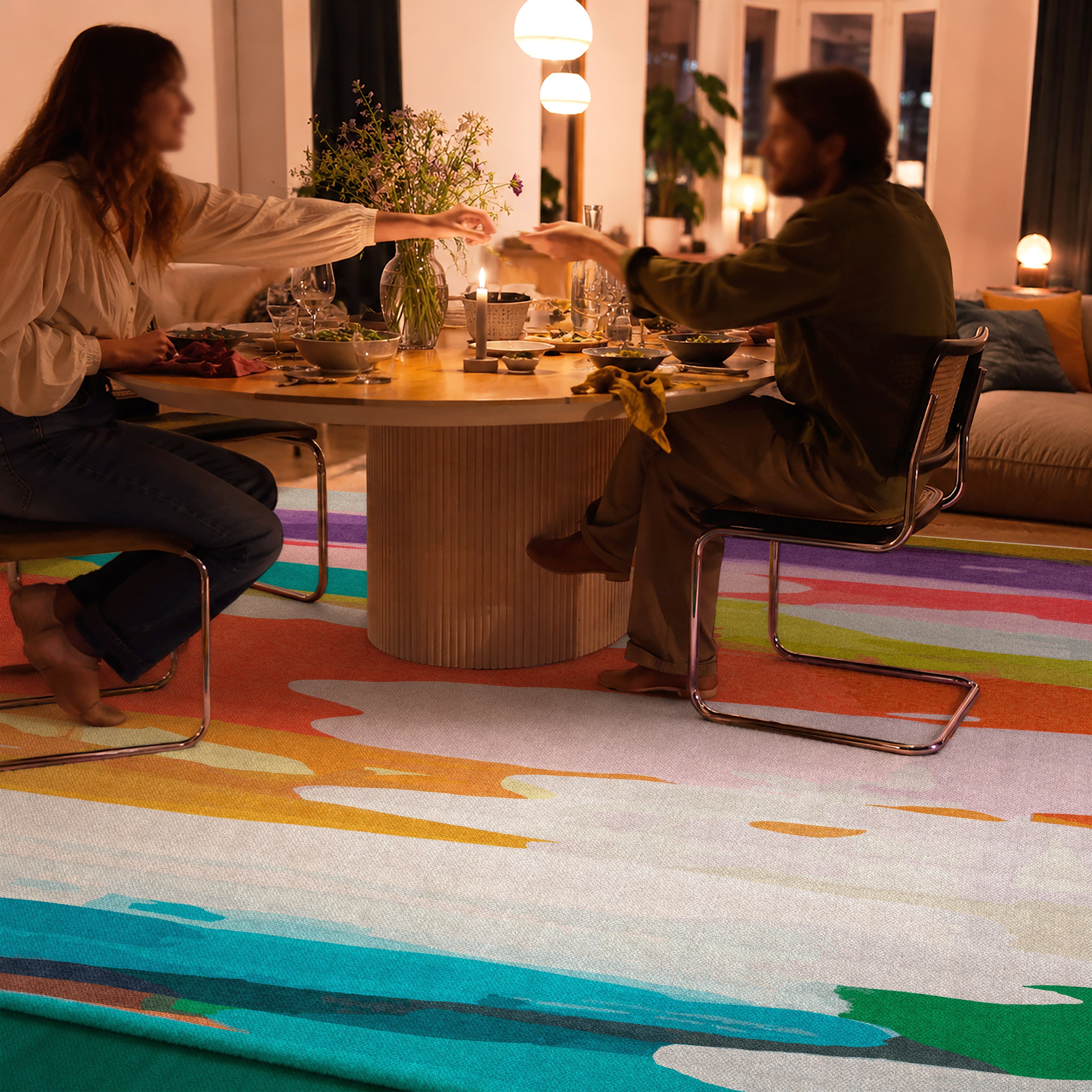 On Holiday rug by Claire Desjardins, styled in a room.