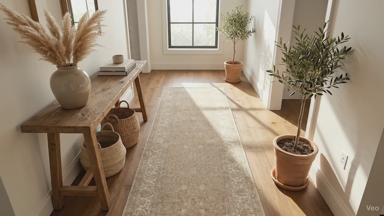Load video: Super Slim No-Pile Custom Size Hallway &amp; Stair Runner – Rome Vintage Oriental Floral Beige Cream – Ultra Thin Washable Hallway Runner Rug