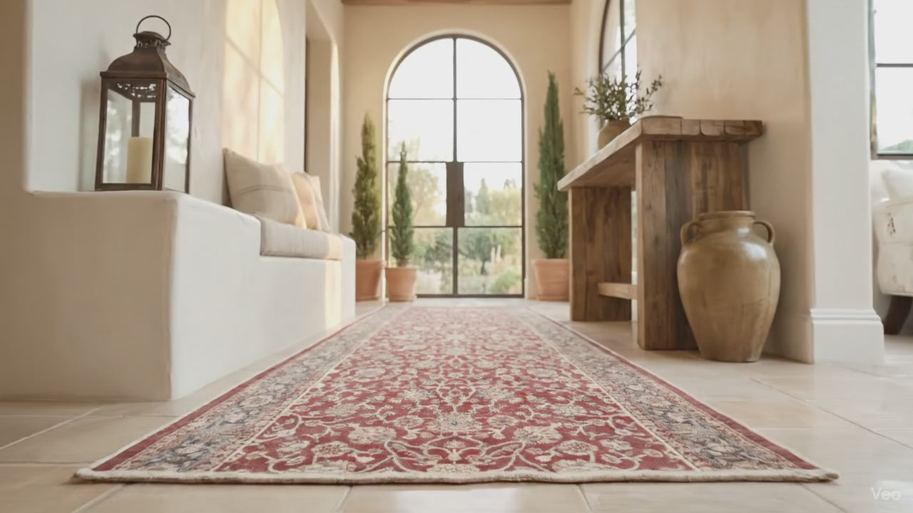 Load video: Super Slim No-Pile Custom Size Hallway &amp; Stair Runner – Rome Vintage Oriental Floral Red – Ultra Thin Washable Hallway Runner Rug