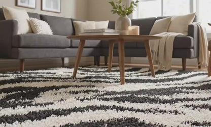 7033 - Safari Zebra Brown Contemporary Shag Rug in a living room with close up pans of the shaggy rug pile
