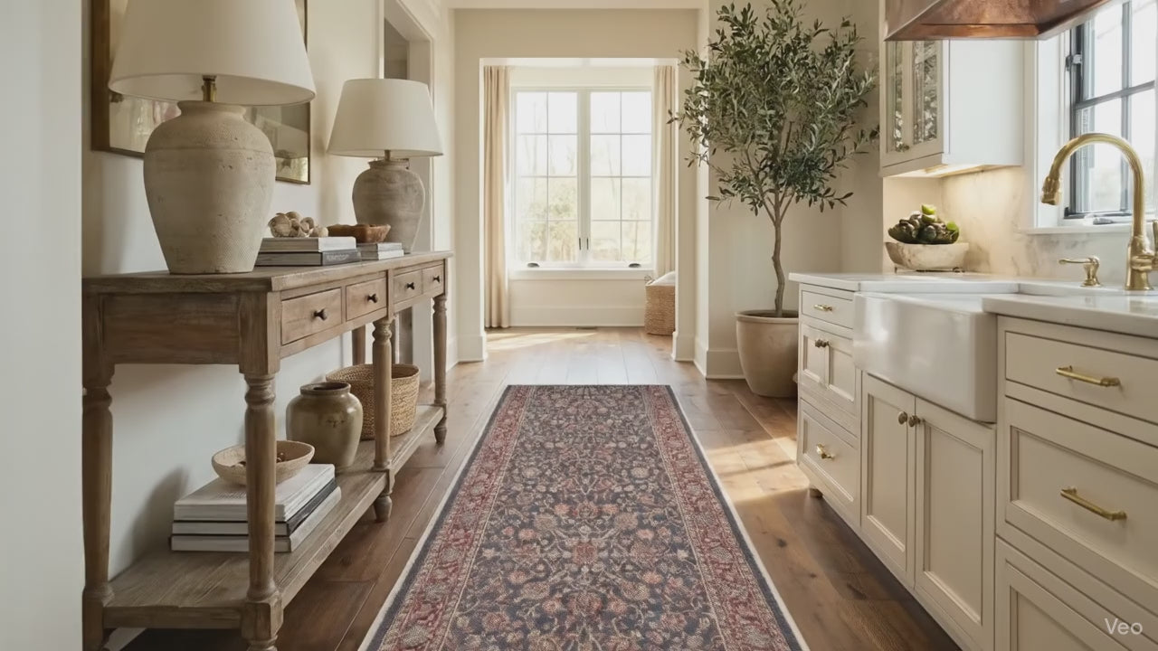 Load video: Super Slim No-Pile Custom Size Hallway &amp; Stair Runner – Rome Vintage Oriental Floral Navy Blue Red – Ultra Thin Washable Hallway Runner Rug