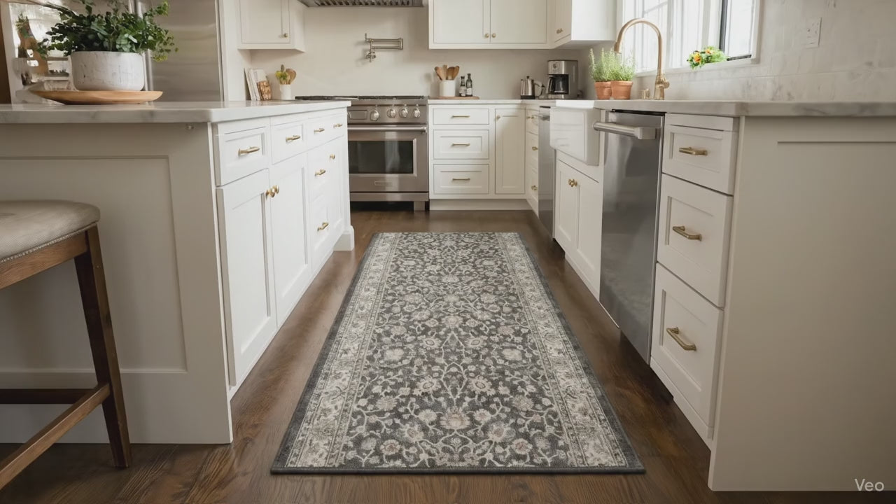 Load video: Super Slim No-Pile Custom Size Hallway &amp; Stair Runner – Rome Vintage Oriental Floral Black – Ultra Thin Washable Hallway Runner Rug