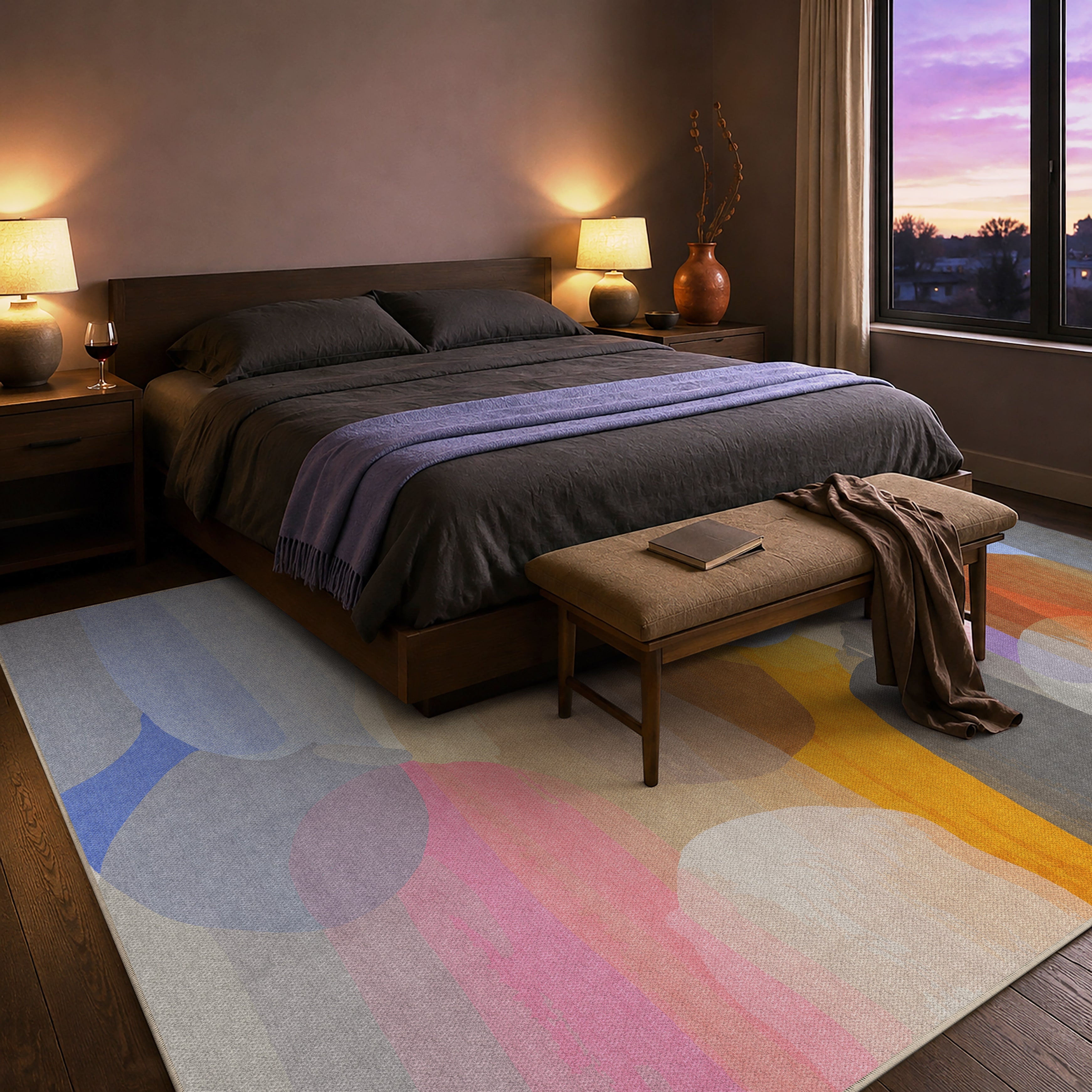 When the Sun Sets rug by Claire Desjardins, styled in a room.
