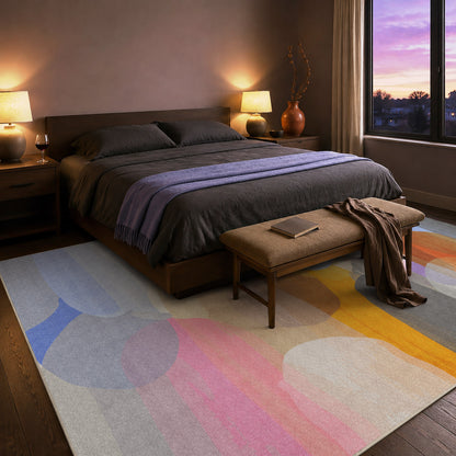 When the Sun Sets rug by Claire Desjardins, styled in a room.