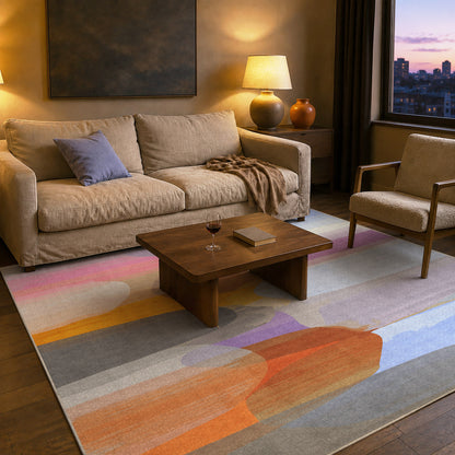 When the Sun Sets rug by Claire Desjardins, styled in a room.