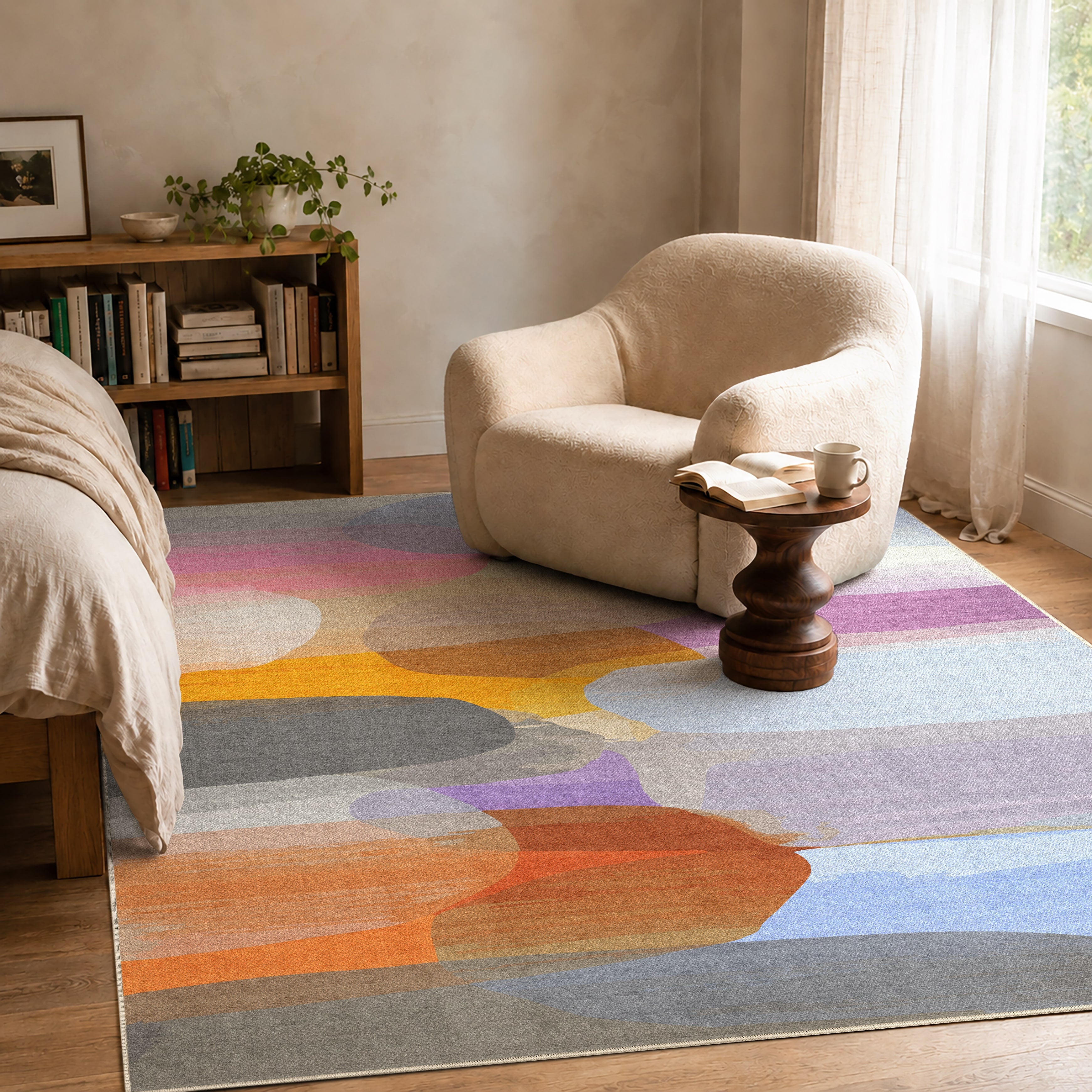 When the Sun Sets rug by Claire Desjardins, styled in a room.