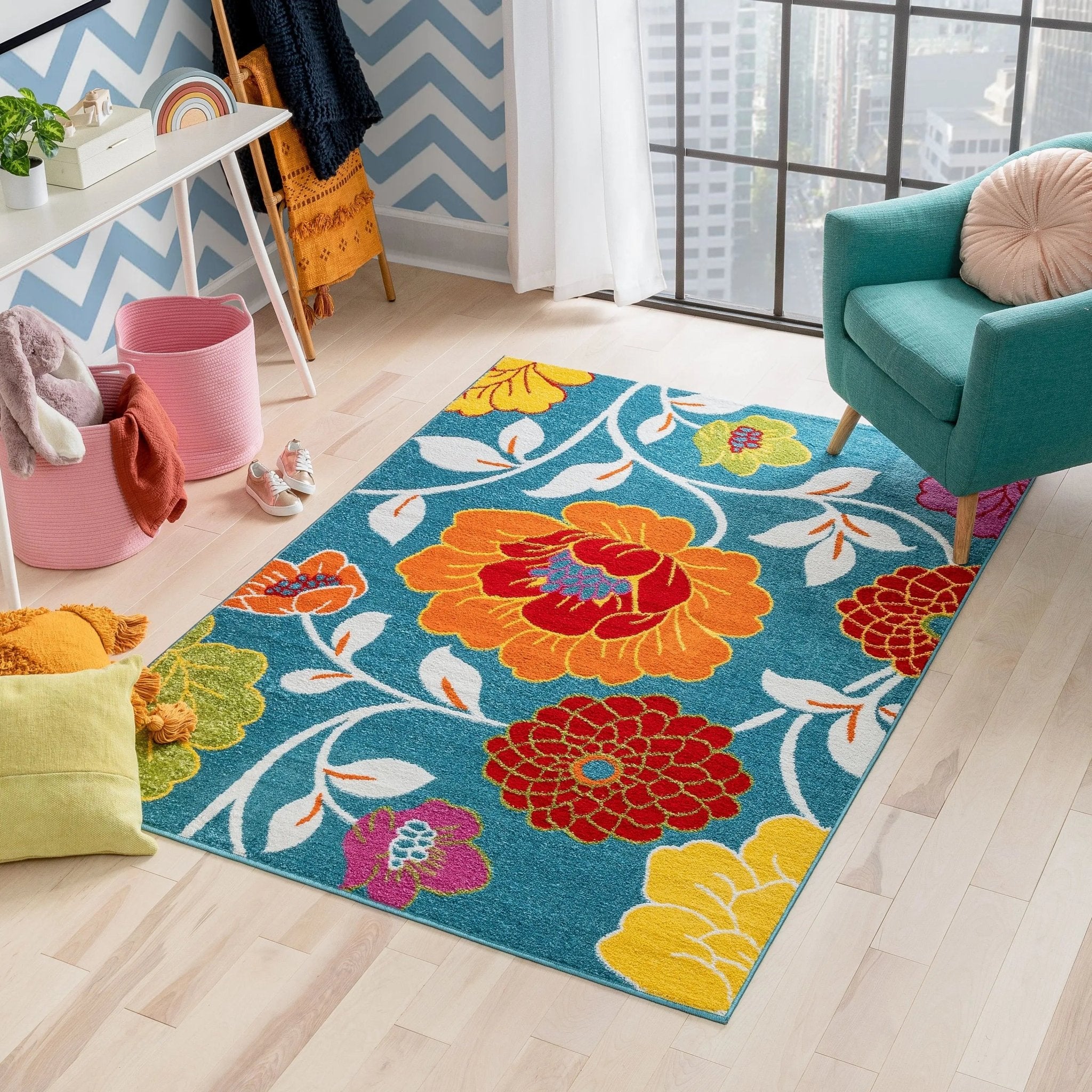 Starbright Daisy Flowers Blue Rug Well Woven