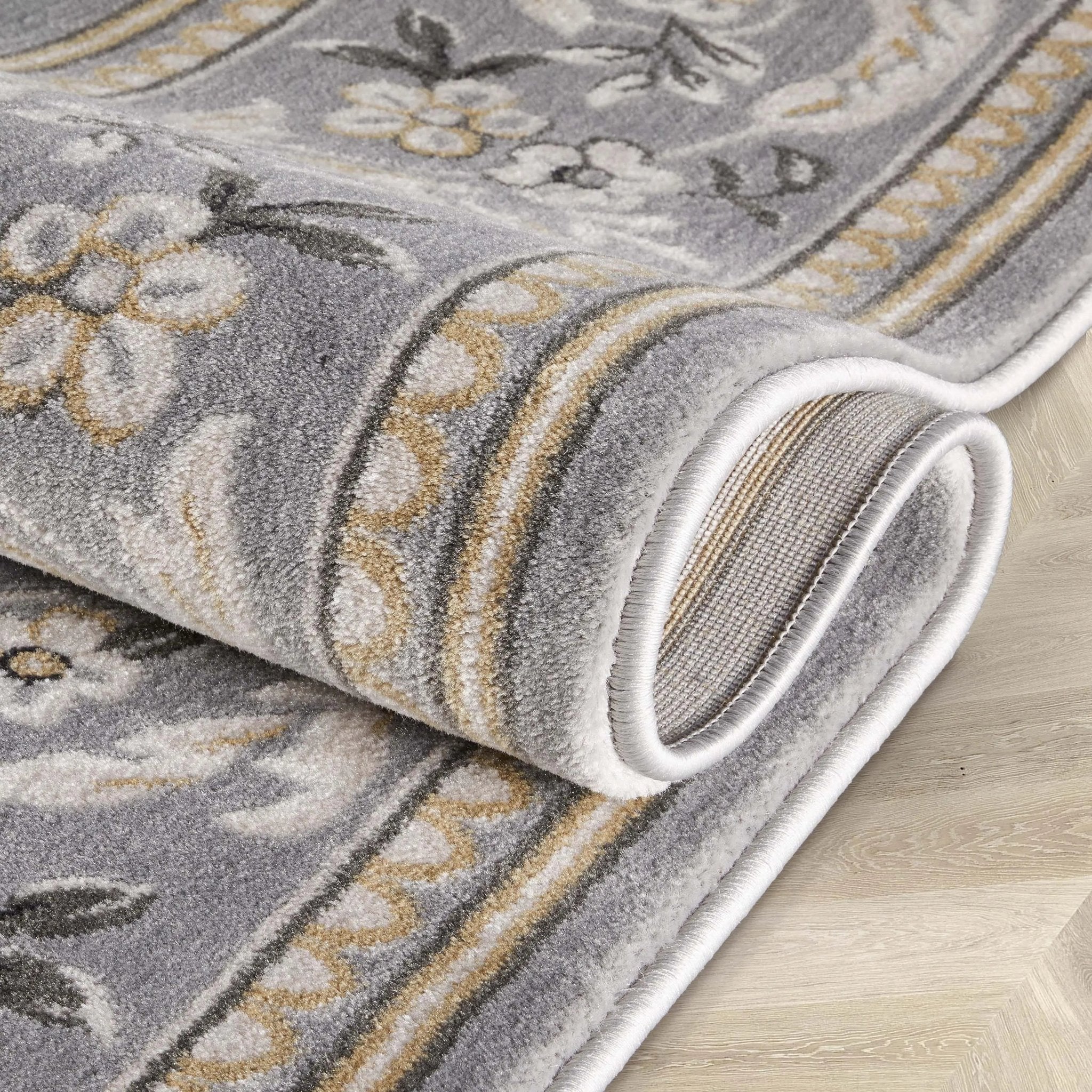 Fleur De Lis Grey Traditional Rug Well Woven