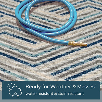 Neema Modern Chevron Striped Indoor/Outdoor Grey Blue High-Low Rug Well Woven