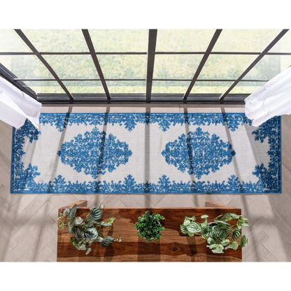 Arid Modern Medallion Persian Indoor/Outdoor Blue High-Low Rug Well Woven