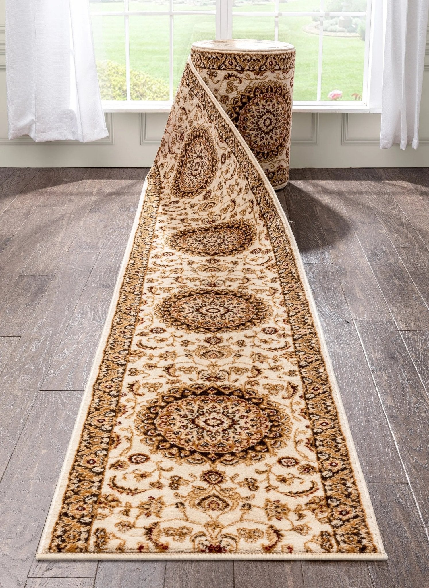 Custom Size Runner Medallion Oriental  Persian Pattern Ivory Choose Your Width x Choose Your Length Hallway Runner Rug Well Woven
