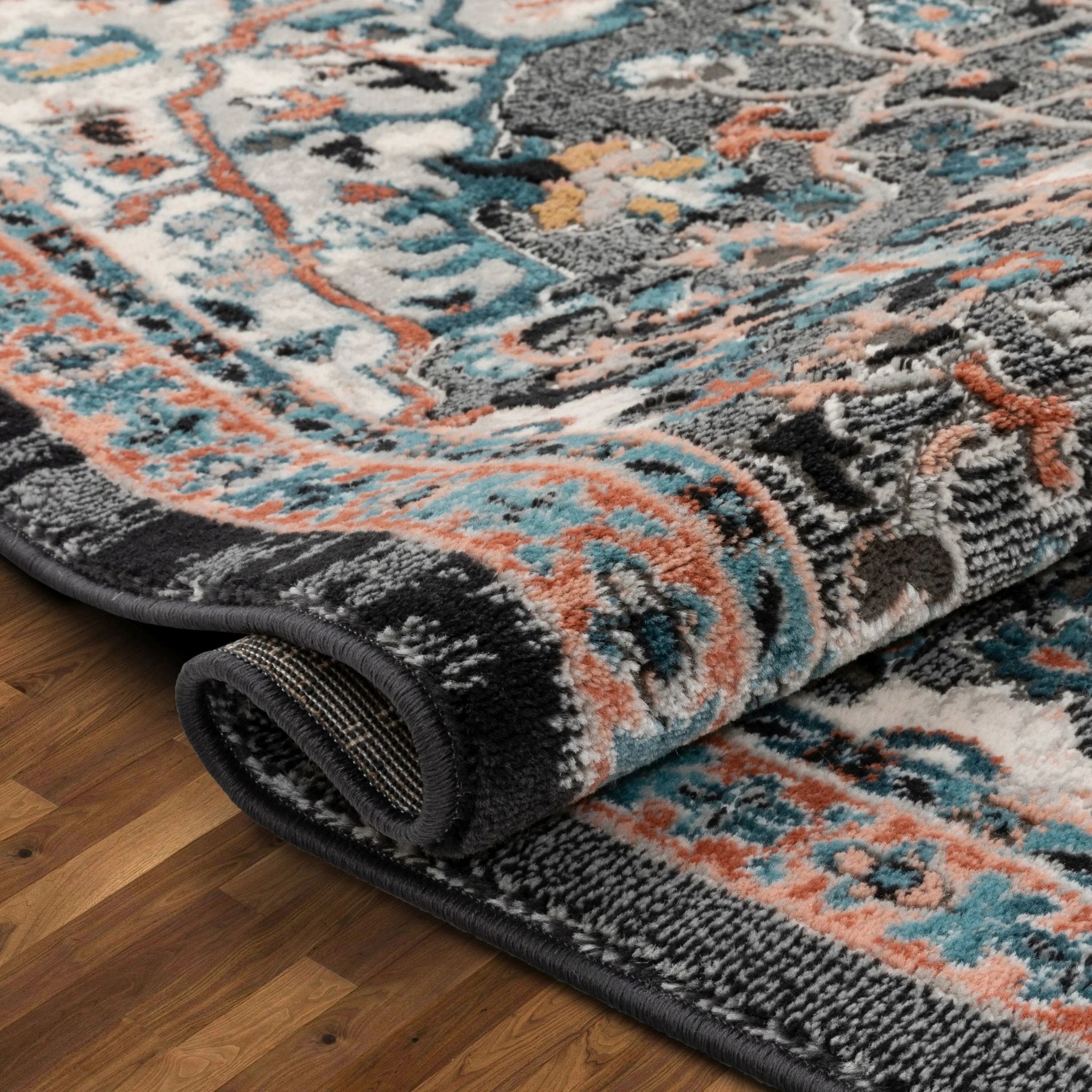 Minos Vintage Bohemian Oriental Floral Black Rug Well Woven