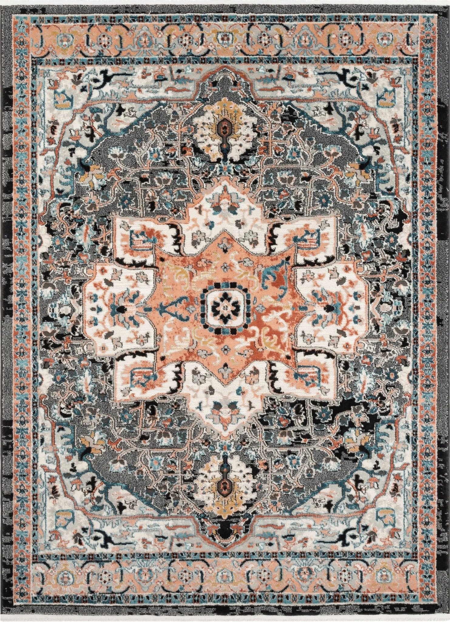 Minos Vintage Bohemian Oriental Floral Black Rug Well Woven