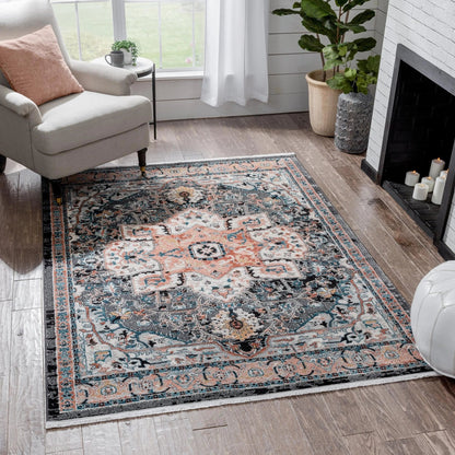 Minos Vintage Bohemian Oriental Floral Black Rug Well Woven