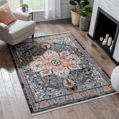 Minos Vintage Bohemian Oriental Floral Black Rug Well Woven