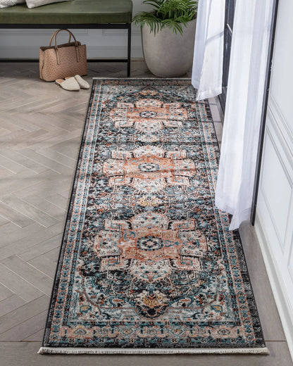 Minos Vintage Bohemian Oriental Floral Black Rug Well Woven