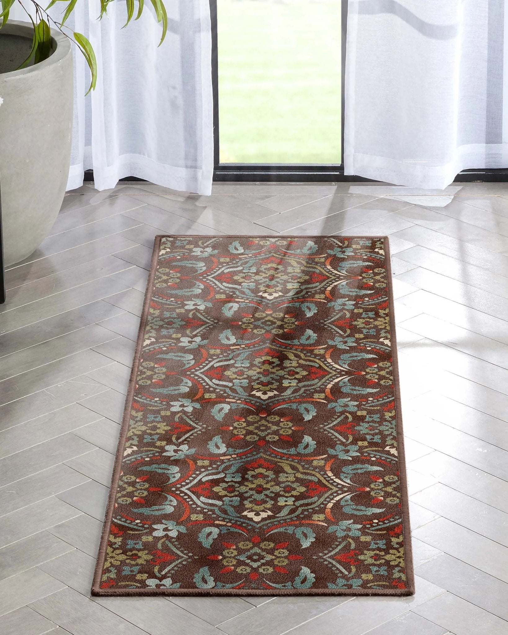 Florence Brown/Grey Floral Flat-Weave Cotton Backing Rug Well Woven