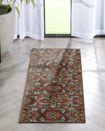 Florence Brown/Grey Floral Flat-Weave Cotton Backing Rug Well Woven