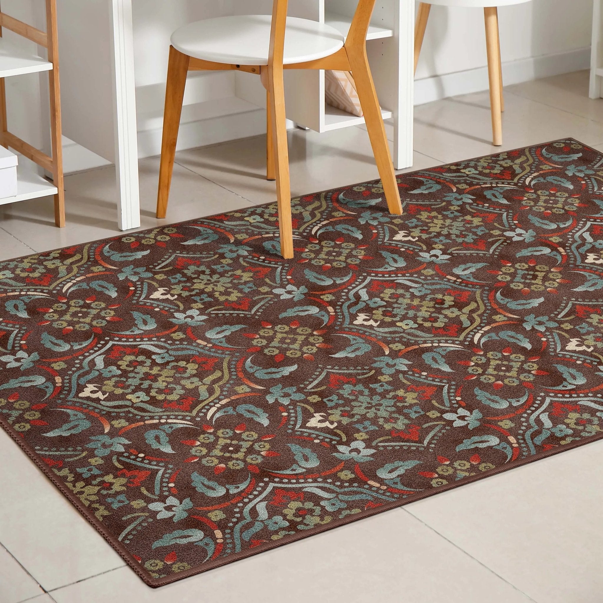 Florence Brown/Grey Floral Flat-Weave Cotton Backing Rug Well Woven