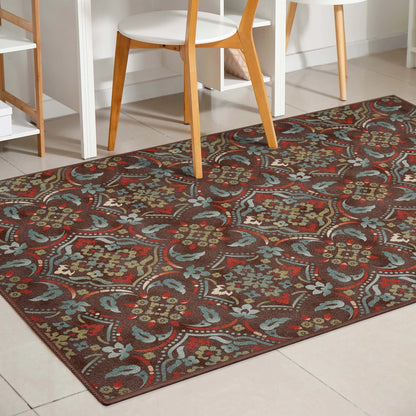 Florence Brown/Grey Floral Flat-Weave Cotton Backing Rug Well Woven