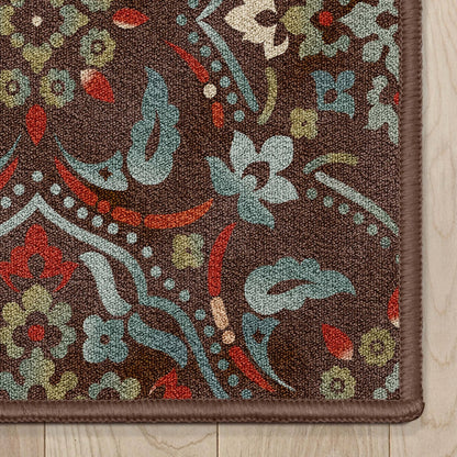 Florence Brown/Grey Floral Flat-Weave Cotton Backing Rug Well Woven