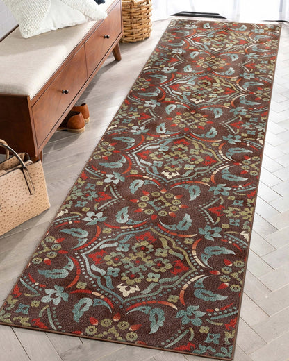Florence Brown/Grey Floral Flat-Weave Cotton Backing Rug Well Woven