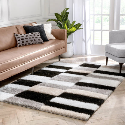 Chaska Geometric Squares Shag Ivory Black 7'10" x 9'10" 3D Textured Rug Well Woven
