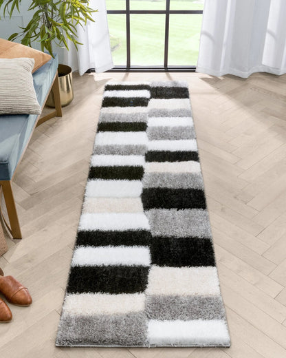 Chaska Geometric Squares Shag Ivory Black 7'10" x 9'10" 3D Textured Rug Well Woven