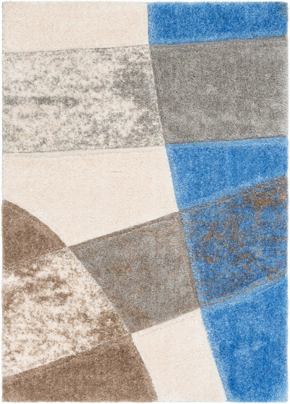 Remi Contemporary Geometric Boxes 3D Textured Shag Grey  Light Blue Rug Well Woven