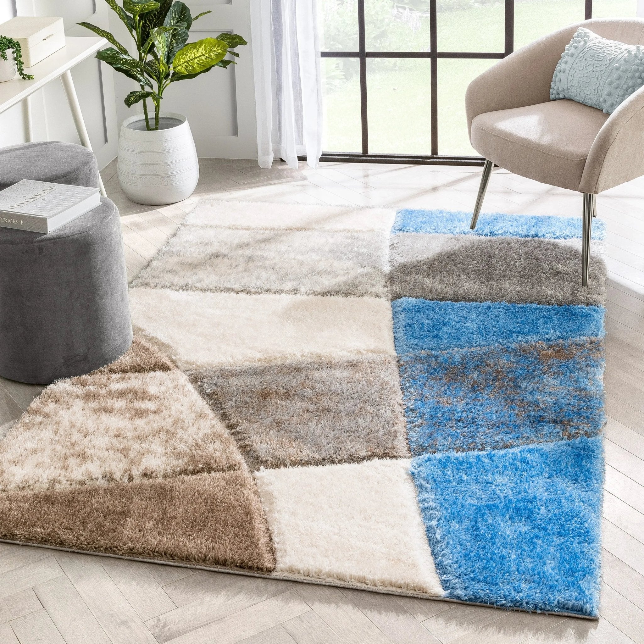 Remi Contemporary Geometric Boxes 3D Textured Shag Grey  Light Blue Rug Well Woven