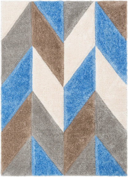Mika Retro Chevron 3D Textured Shag Grey Light Blue Rug Well Woven