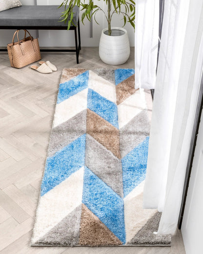 Mika Retro Chevron 3D Textured Shag Grey Light Blue Rug Well Woven
