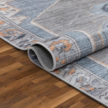 Cambria Machine Washable Vintage Medallion Oriental Light Blue Flat-Weave Distressed 5'3" x 7'3" Rug Well Woven